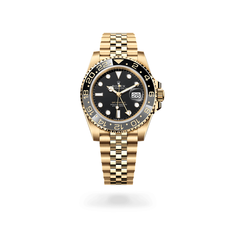 Rolex GMT-Master II en Or jaune 18 ct dotée d'un cadran Noir chez Auberi, détaillant officiel Rolex. Réf : M126718GRNR-0001