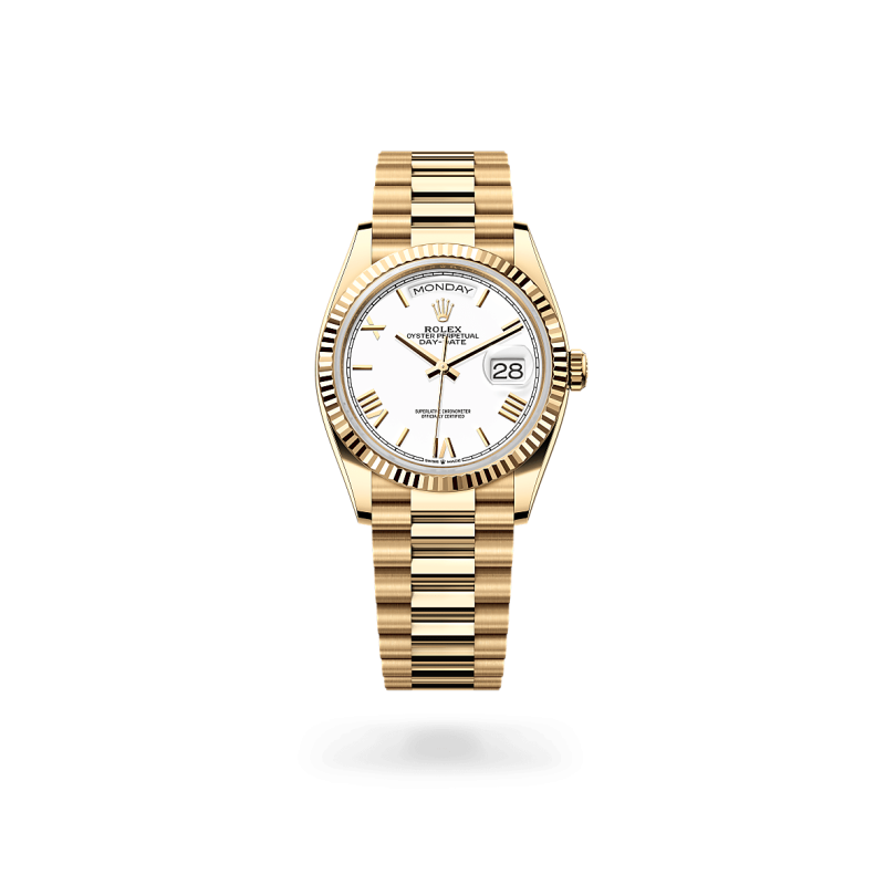 Rolex Day-Date 36 en Or jaune 18 ct dotée d'un cadran Blanc chez Auberi, détaillant officiel Rolex. Réf : M128238-0113