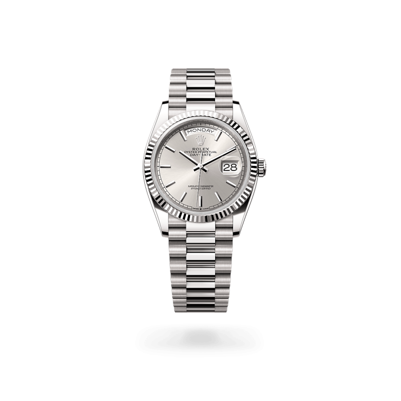 Rolex Day-Date 36 en Or gris 18 ct dotée d'un cadran Argenté chez Auberi, détaillant officiel Rolex. Réf : M128239-0005