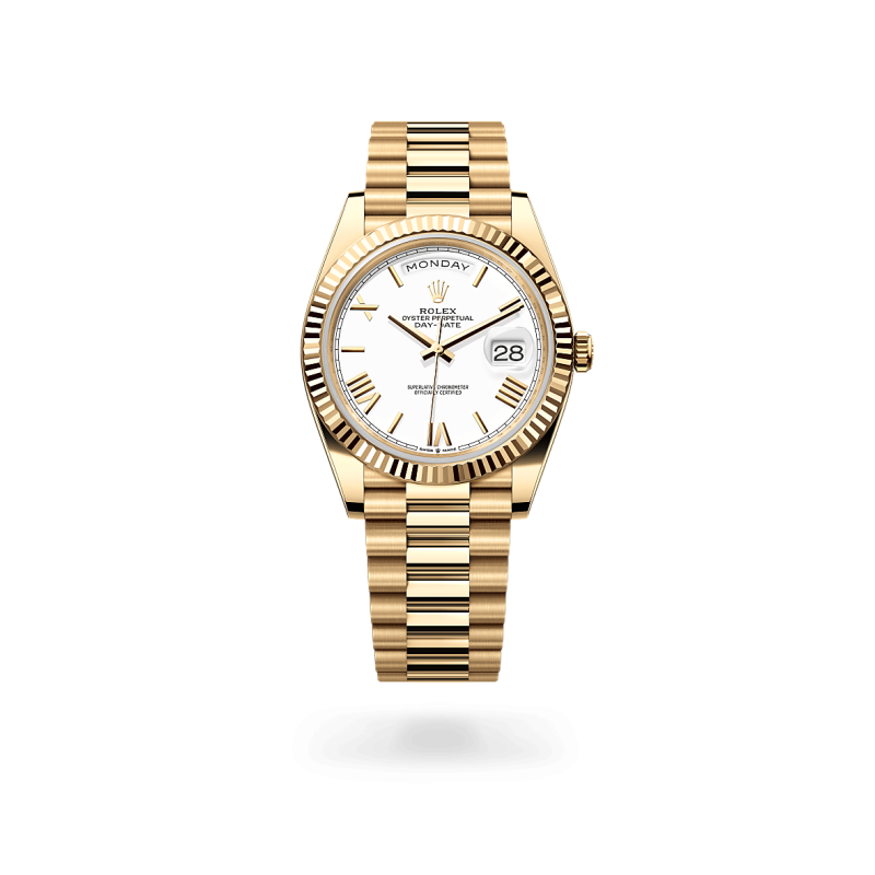 Rolex Day-Date 40 en Or jaune 18 ct dotée d'un cadran Blanc chez Auberi, détaillant officiel Rolex. Réf : M228238-0042