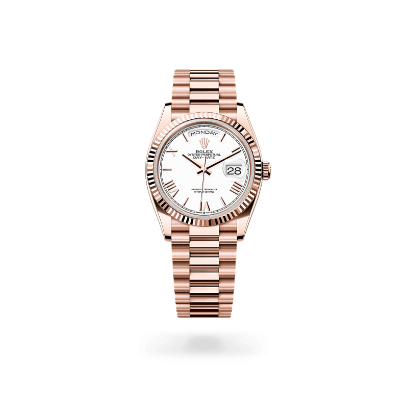 Rolex Day-Date 36 en Or Everose 18 ct dotée d'un cadran Blanc chez Auberi, détaillant officiel Rolex. Réf : M128235-0070