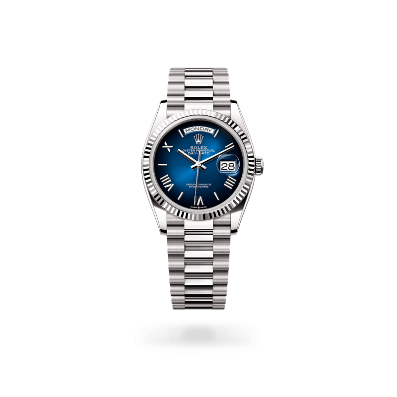 Rolex Day-Date 36 en Or gris 18 ct dotée d'un cadran Bleu ombré chez Auberi, détaillant officiel Rolex. Réf : M128239-0063