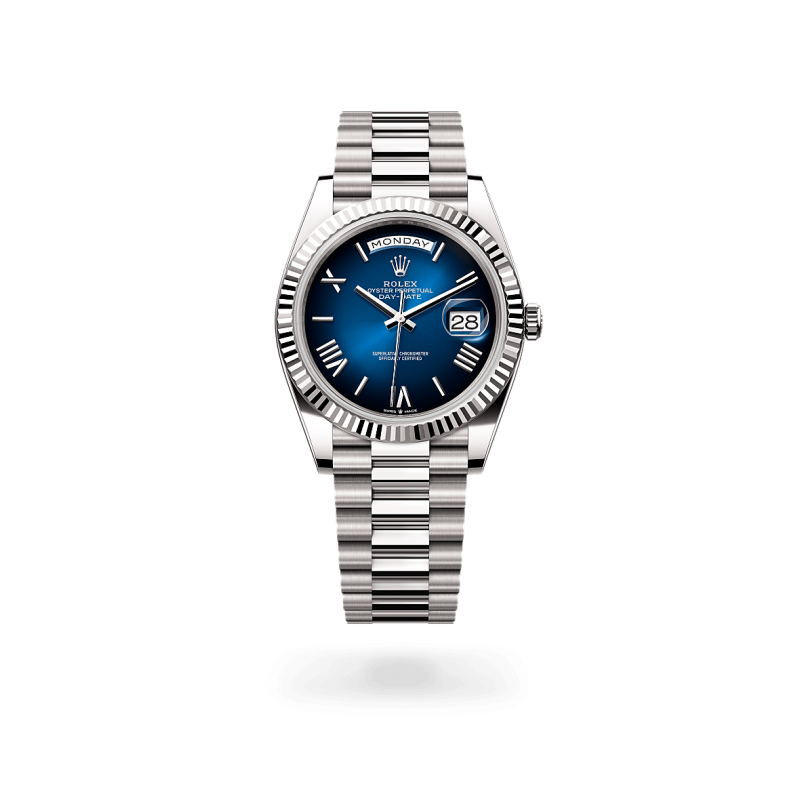 Rolex Day-Date 40 en Or gris 18 ct dotée d'un cadran Bleu ombré chez Auberi, détaillant officiel Rolex. Réf : M228239-0076