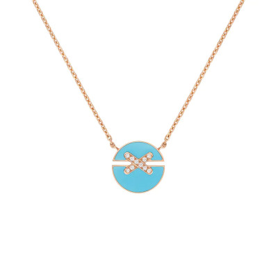Harmony link game pendant, small model, pink gold and turquoise set with diamonds