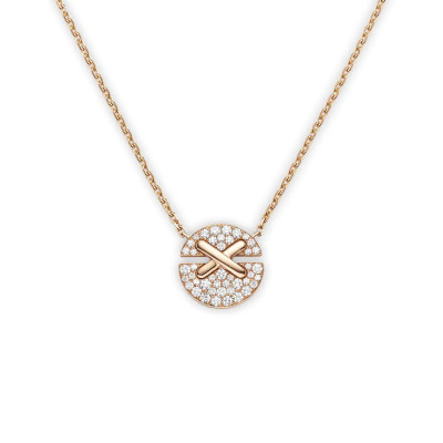 Small model pendant set of harmony links in pink gold with pave diamonds on a pink gold chain
