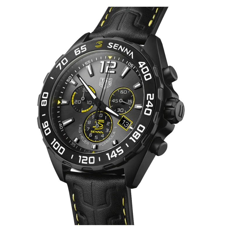 The tag heuer formula 1 x senna quartz dlc steel case 43mm caran black and yellow/chronograph bezel