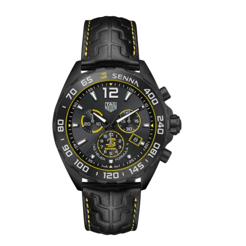 The tag heuer formula 1 x senna quartz dlc steel case 43mm caran black and yellow/chronograph bezel