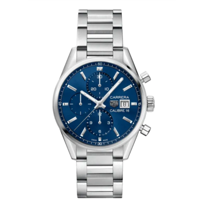 Carrera automatic chronograph watch rdm 42h steel case 41mm blue dial sun brush bracelet