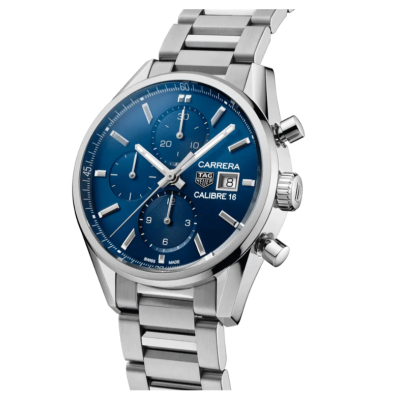 Carrera automatic chronograph watch rdm 42h steel case 41mm blue dial sun brush bracelet