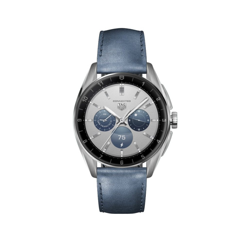 Tag heuer connected case 42mm steel 50m waterproof blue leather strap bd
