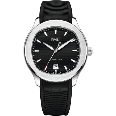Piaget polo date watch steel cushion case 42mm automatic rdm 50h black dial rubber strap