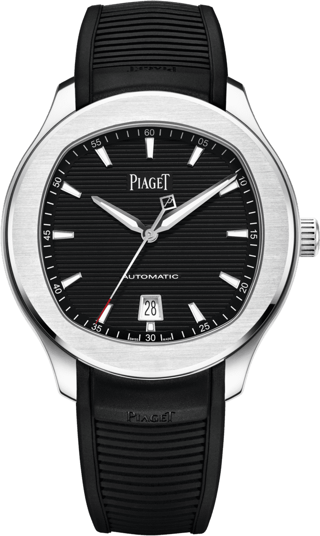 Piaget polo date watch steel cushion case 42mm automatic rdm 50h black dial rubber strap