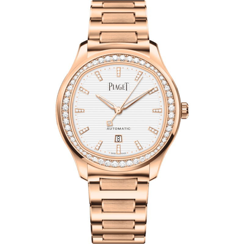 Piaget polo watch 36mm rose gold box set with 60 diamonds 0.97cts beige dial diamond indexes brace